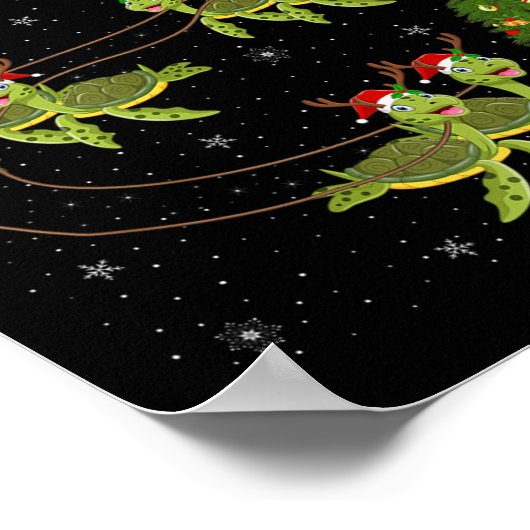 Sea Turtle Santa Sleigh Flying Funny Magical Chris ポスター (角)