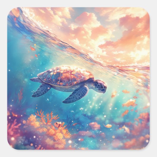 Sea Turtle Swimming in Tropical Ocean スクエアシール (正面)
