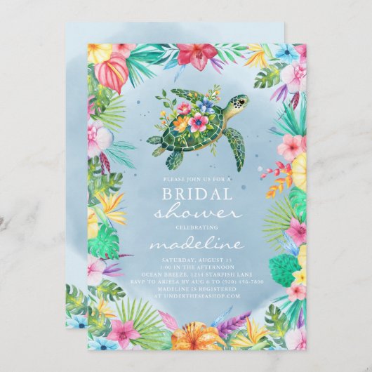 Sea Turtle Tropical Floral Bridal Shower 招待状 (正面/裏面)