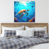 Sea Turtle Vibrant Colorful Underwater Scene キャンバスプリント (インサイチュ (寝室))