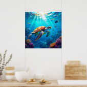 Sea Turtle Vibrant Colorful Underwater Scene ポスター (キッチン)