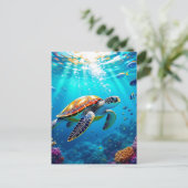 Sea Turtle Vibrant Colorful Underwater Scene ポストカード (スタンド正面)