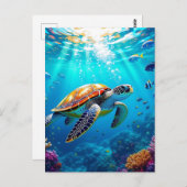 Sea Turtle Vibrant Colorful Underwater Scene ポストカード (正面/裏面)