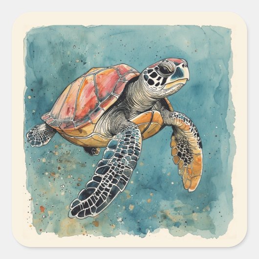 Sea Turtle Watercolor スクエアシール (正面)