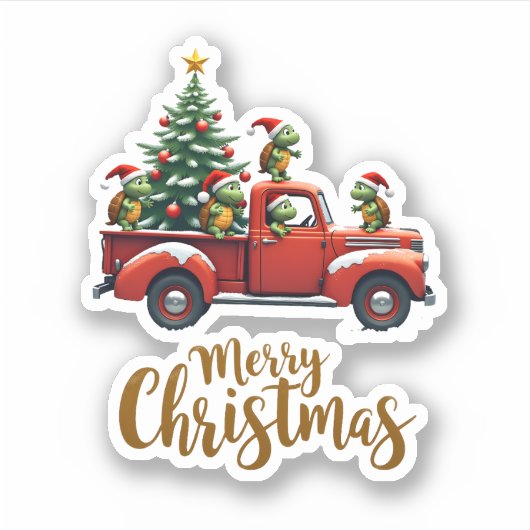 Sea Turtles Driving Christmas Tree Truck Turtle Ch シール (正面)