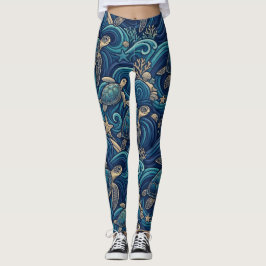 Sea Turtles, Palm Trees, and Waves Pattern レギンス