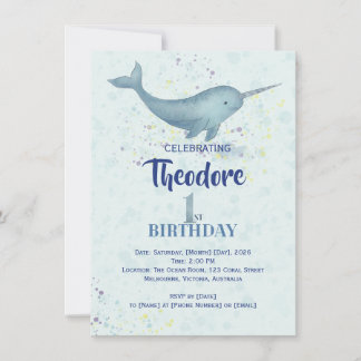 Sea Unicorn Narwal watercolor 1st birthday 招待状