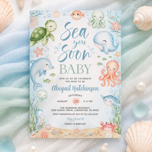 Sea You Soon オシャレな海洋テーマのベビーシャワー招待状 招待状
