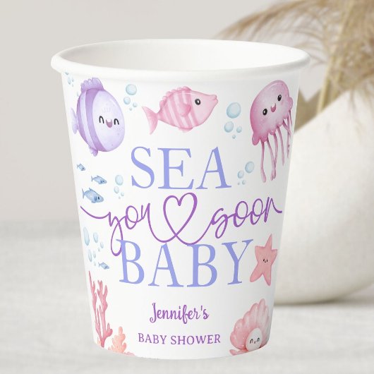 Sea You Soon ベビーシャワー 女の子 ピンク 海の生き物 紙コップ