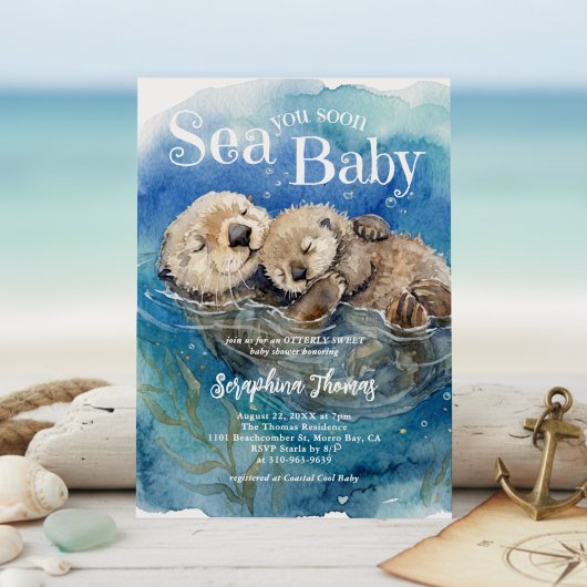 Sea You Soon Baby 水彩カワウソ ベビーシャワー 招待状