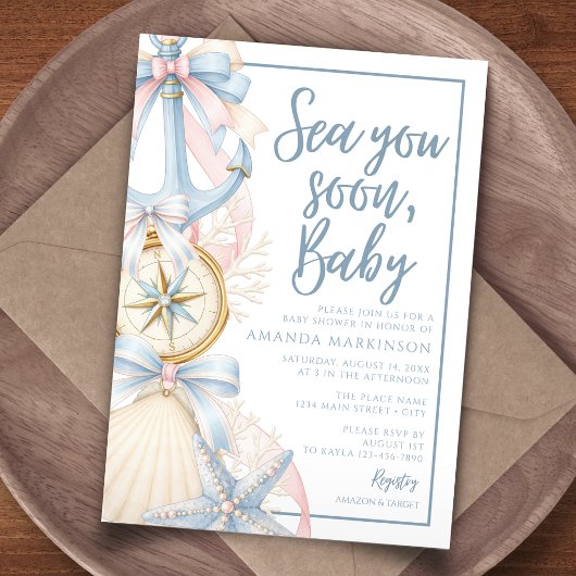 Sea you Soon Baby 海辺のプレッピー赤ちゃんのお披露目会 招待状