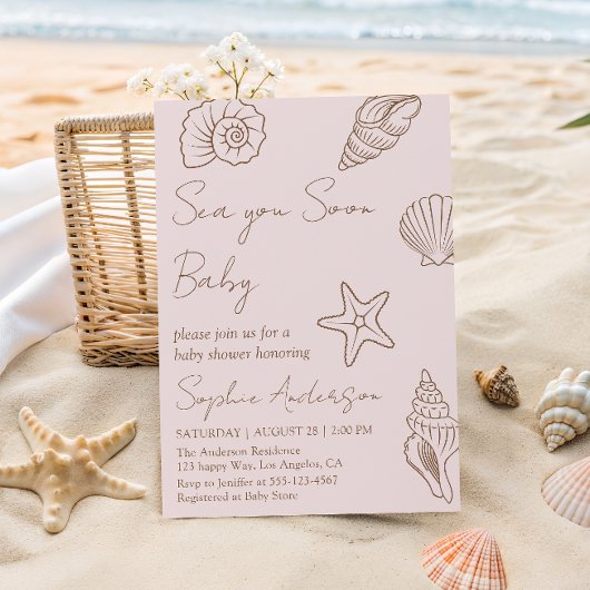Sea You Soon Baby 海辺の貝殻ベビーシャワー 招待状
