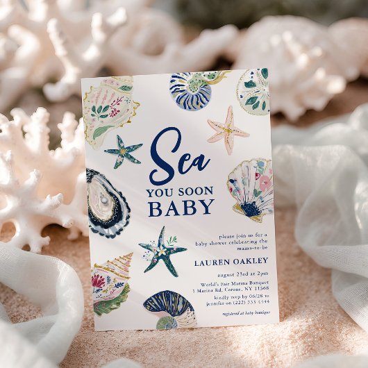 Sea you soon Baby 貝殻 海辺のベビーシャワー 招待状