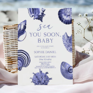 Sea You Soon, Baby 青い貝殻のベビーシャワー 招待状