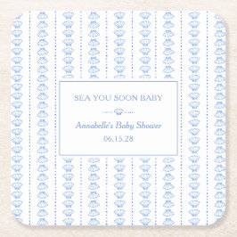 Sea You Soon Baby! Blue Coastal Beach Baby Shower スクエアペーパーコースター