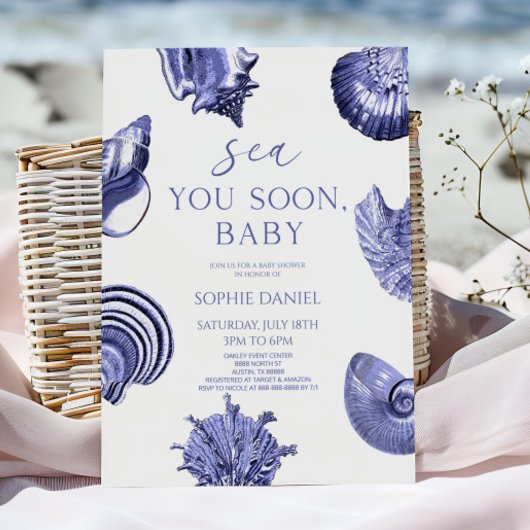 Sea You Soon, Baby Blue Seashells Baby Shower 招待状