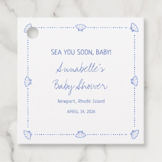 Sea You Soon Baby Hand Drawn Seashells Baby Shower フェイバータグ (正面)