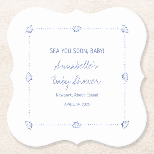 Sea You Soon Baby Hand Drawn Seashells Baby Shower ペーパーコースター (正面)