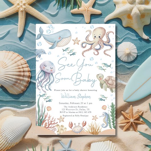 Sea You Soon Baby Ocean Animal Baby Shower 招待状
