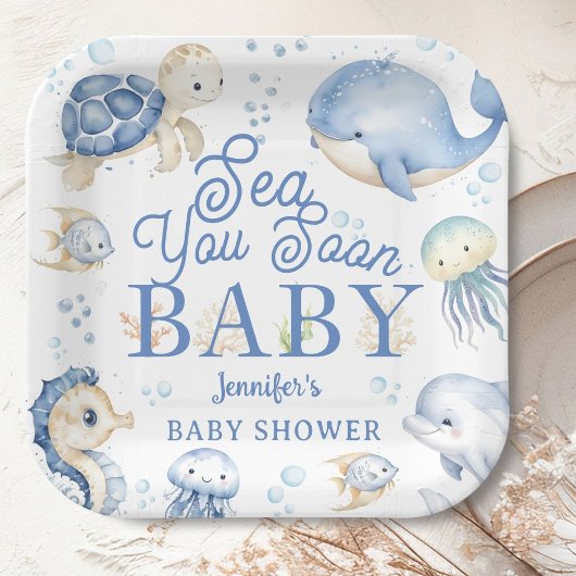 Sea You Soon Baby Shower Boy Blue Ocean ペーパープレート