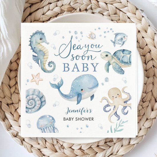 Sea You Soon Baby Shower Boy Blue Ocean Paper スタンダードカクテルナプキン