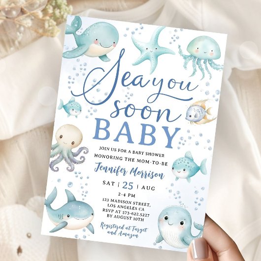 Sea You Soon Baby Shower Boy Blue Teal Ocean 招待状