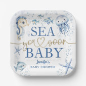 Sea You Soon Baby Shower Boy Navy Blue Ocean ペーパープレート (正面)