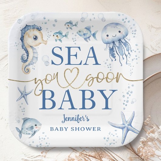Sea You Soon Baby Shower Boy Navy Blue Ocean ペーパープレート