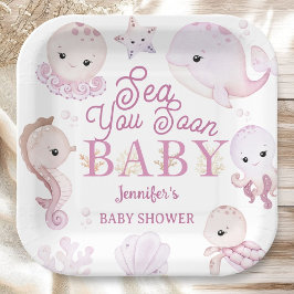 Sea You Soon Baby Shower Girl Pink Ocean ペーパープレート