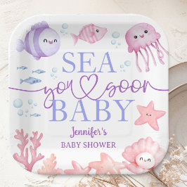 Sea You Soon Baby Shower Girl Pink Ocean Animals ペーパープレート