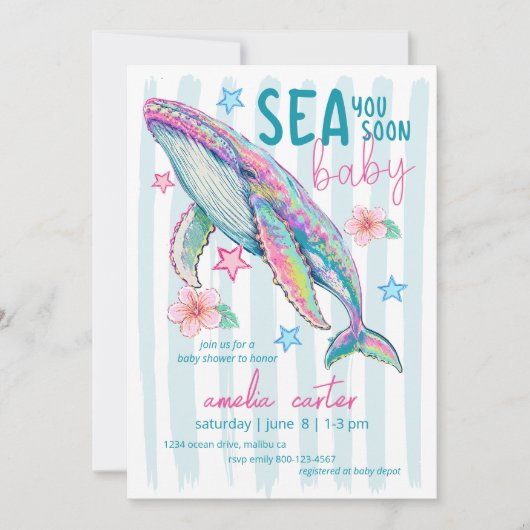 Sea You Soon Baby Shower Whale Coastal Ocean Beach 招待状 (正面)