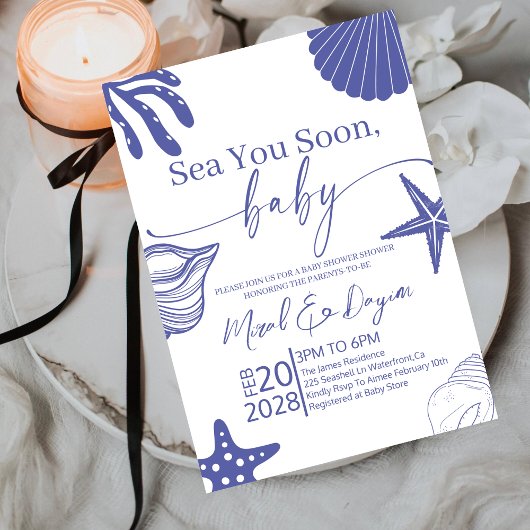 Sea You Soon Blue Scallop Shell Boy Baby Shower  招待状