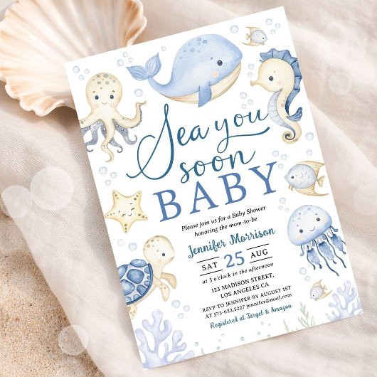 Sea You Soon Boy Baby Shower Blue Ocean 招待状