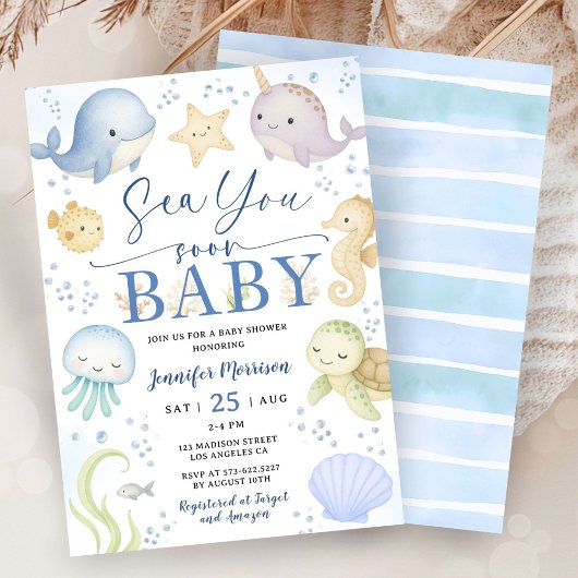 Sea You Soon Boy Baby Shower Cute Ocean Invitation 招待状