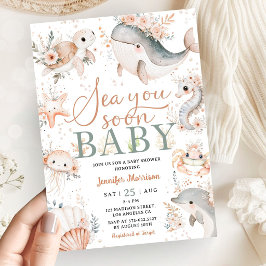 Sea You Soon Boy Baby Shower Pink Floral Ocean 招待状