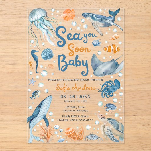 Sea You Soon Coastal Baby Shower アクリル招待状 (正面)