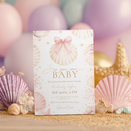 Sea You Soon Coastal Pink Bow Baby Shower 招待状