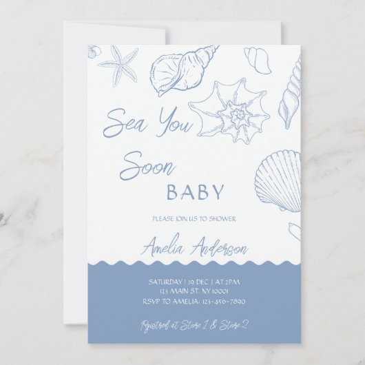 Sea You Soon Coastal Shells Blue Baby Shower 招待状 (正面)