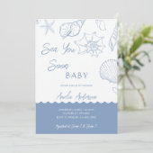Sea You Soon Coastal Shells Blue Baby Shower 招待状 (スタンド正面)