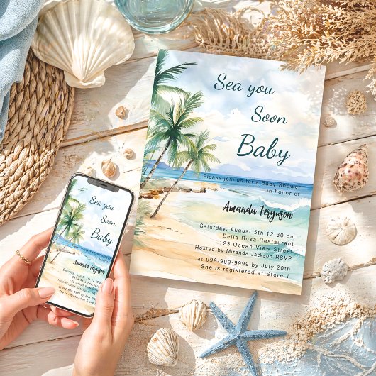 Sea you Soon coastal tropical beach Baby Shower 招待状