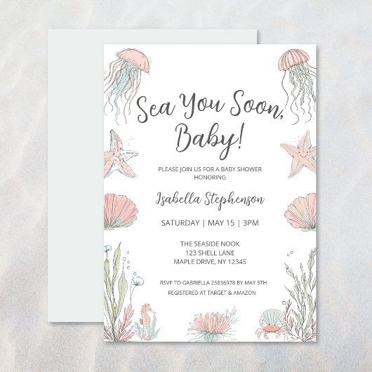 Sea You Soon Cute Coastal Hand Drawn Baby Shower 招待状