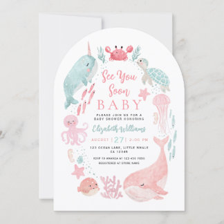 Sea You Soon Cute Ocean Animals Girl Baby Shower  招待状