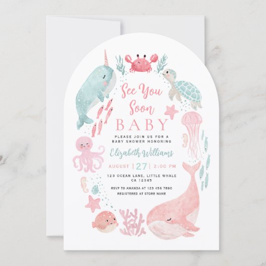 Sea You Soon Cute Ocean Animals Girl Baby Shower  招待状 (正面)