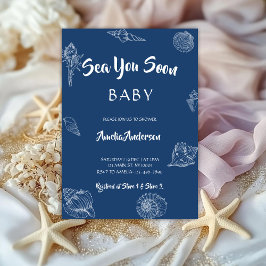 Sea You Soon Navy Seashell Nautical Baby Shower 招待状
