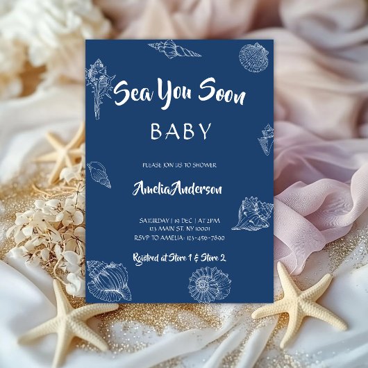 Sea You Soon Navy Seashell Nautical Baby Shower 招待状