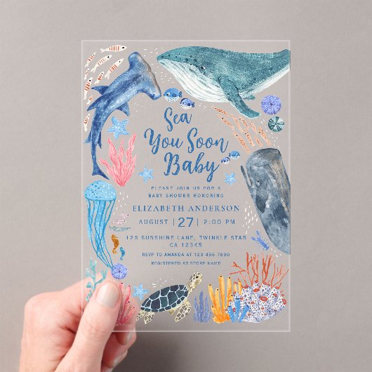 Sea You Soon Ocean Animals Boy Baby Shower Invitat アクリル招待状 (インサイチュ (ポータブル))