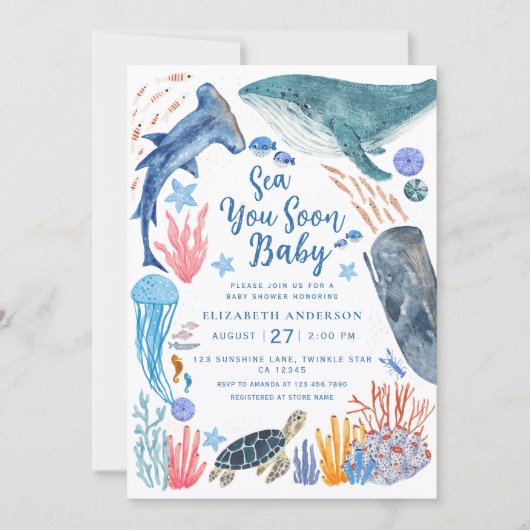 Sea You Soon Ocean Animals Boy Baby Shower Invitat 招待状 (正面)