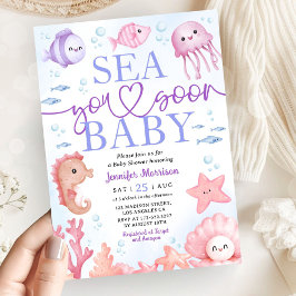 Sea You Soon Ocean Animals Girl Baby Shower 招待状