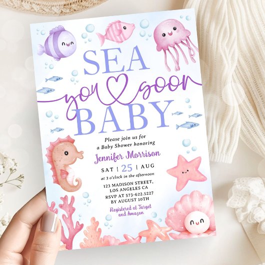 Sea You Soon Ocean Animals Girl Baby Shower 招待状