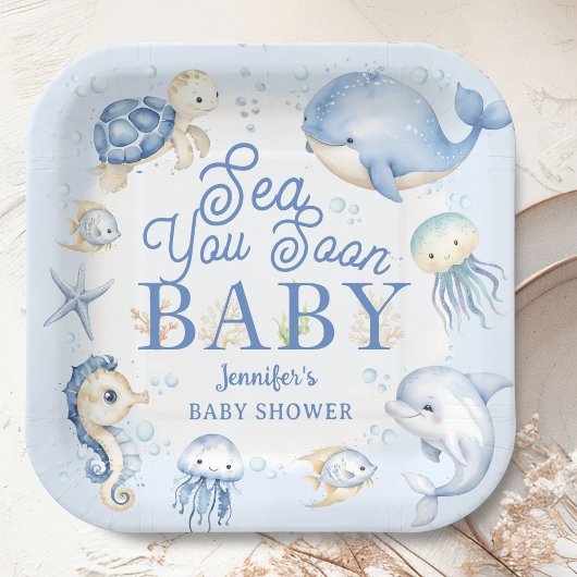 Sea You Soon Ocean Baby Shower Boy Blue  ペーパープレート